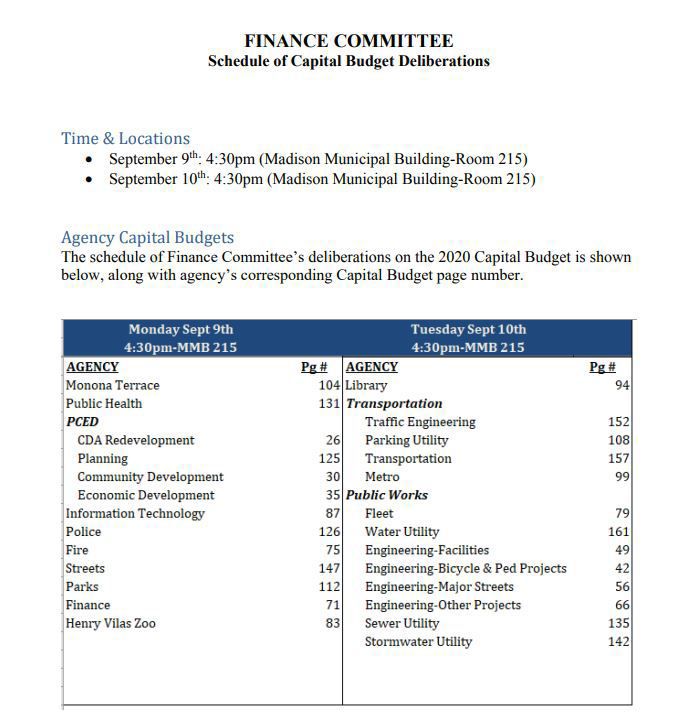 Finance Committee Capital Budget Deliberations Schedule